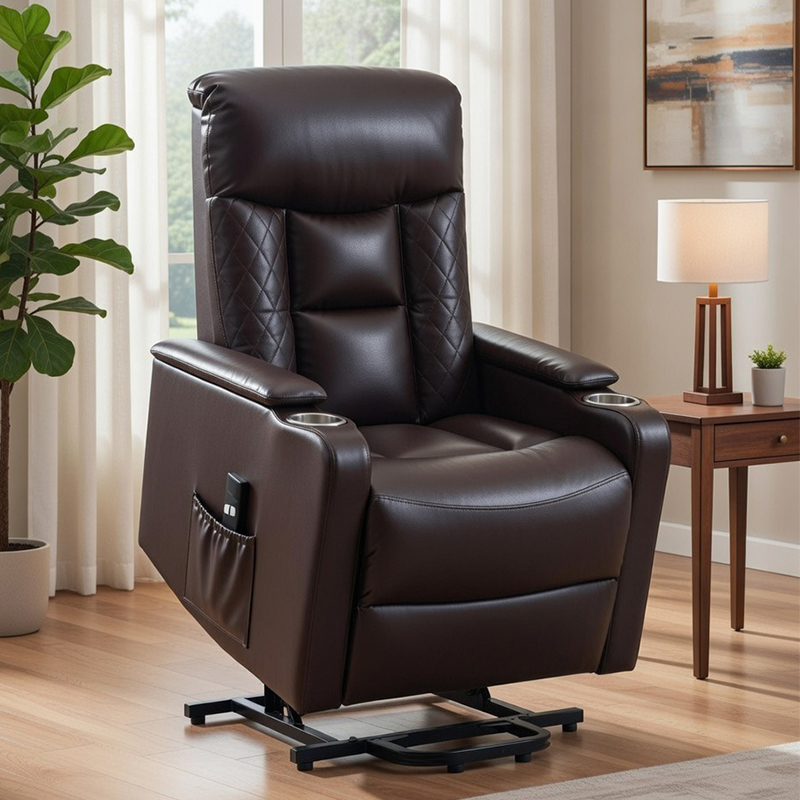 Suíocháin amharclainne baile leathair breathable Cathaoir recliner ardaitheoir cumhachta le sealbhóirí cupáin do dhaoine scothaosta