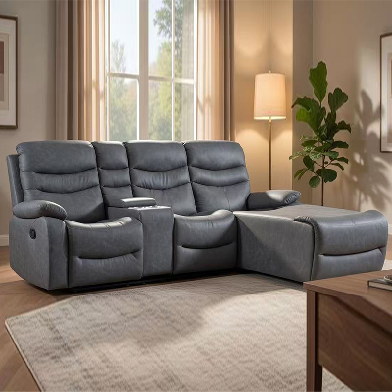 Lámhleabhar Blue Upholstered Recline Sectional le Chaise agus Stóráil